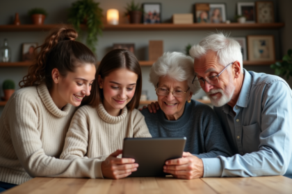 Famille multigenerations autour d'une table avec tablette