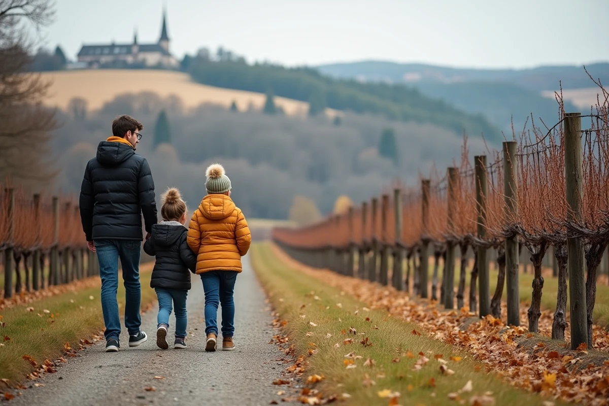Famille se promenant sur un sentier viticole alsacien avec vue sur un village traditionnel