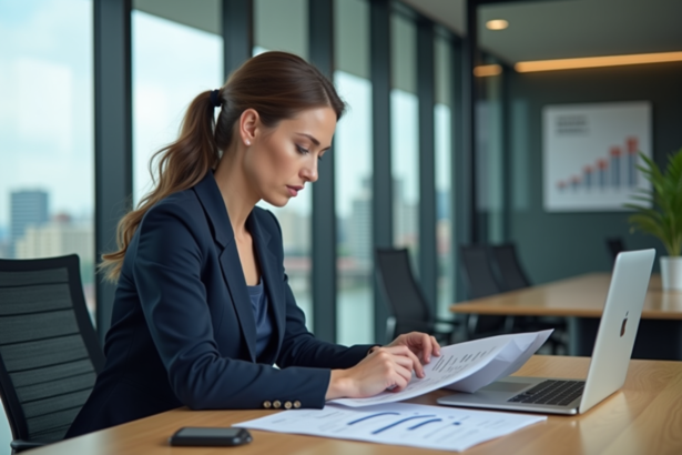 Femme d'affaires en costume analyse des documents financiers