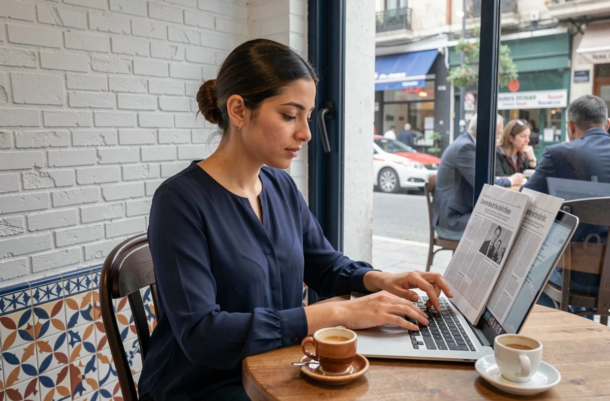 Jeune femme algérienne consultant le PDF du journal Echorouk sur un ordinateur portable dans un café moderne d'Alger