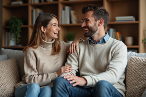 Femme souriante avec un homme dans un salon chaleureux