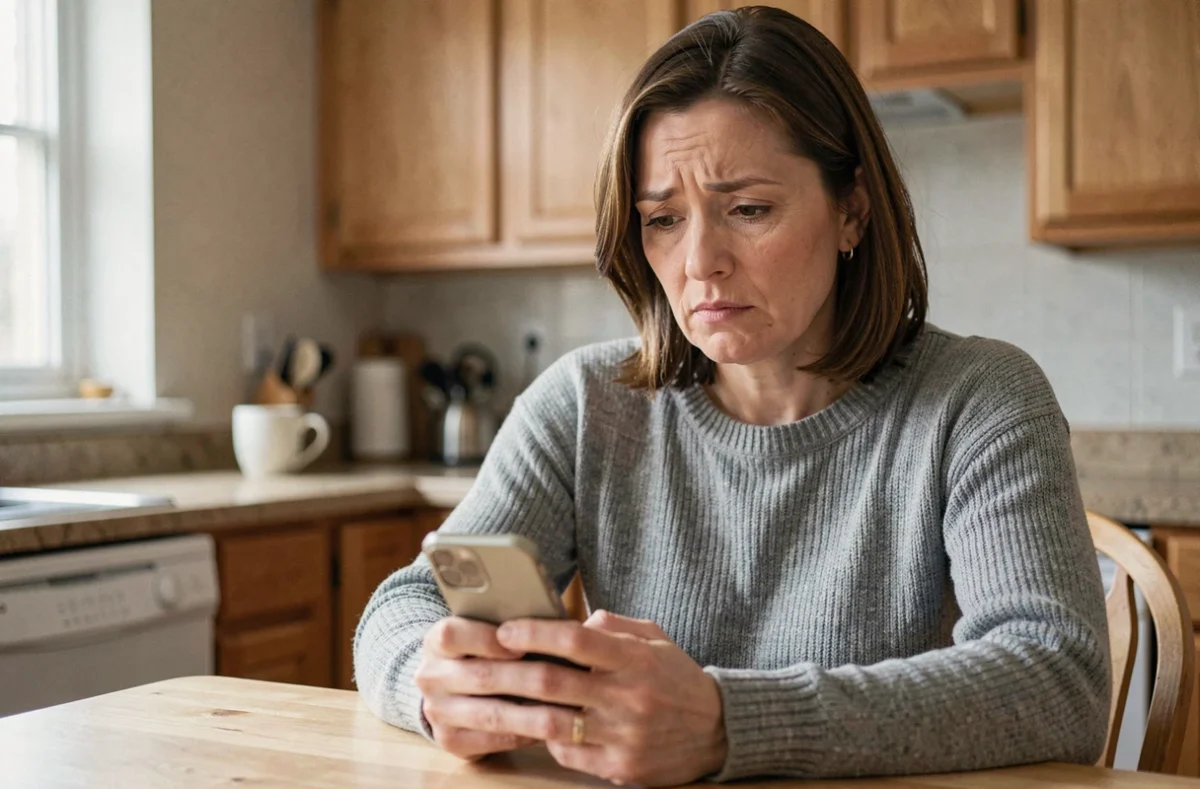 Femme inquiète regardant son smartphone après avoir reçu un appel suspect d'un numéro 0424