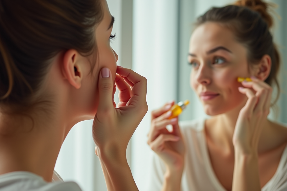Femme appliquant serum vitamine C dans une salle de bain moderne