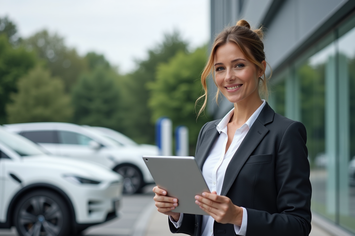 Femme confiante évaluant des voitures électriques en extérieur