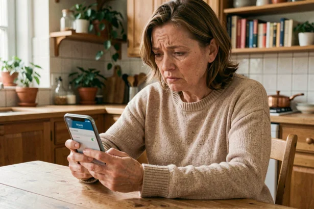 Femme bloquant un numéro en 02 70 sur son smartphone dans une cuisine