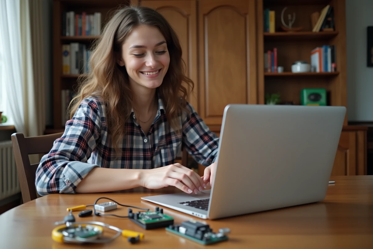 Jeune femme assemble un kit électronique à la maison