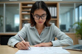 Femme concentrée à son bureau avec feuille de calculs