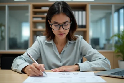Femme concentrée à son bureau avec feuille de calculs