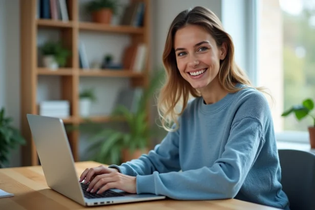 Jeune femme souriante travaillant sur son ordinateur dans un appartement lumineux