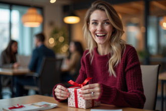 Femme souriante déballant un cadeau de noel au bureau