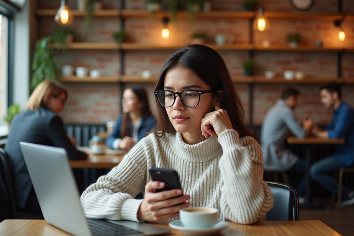 Jeune femme utilisant son téléphone dans un café urbain animé