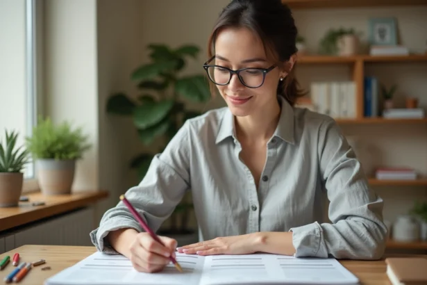 Femme écrivant dans un calendrier semaine paire impaire 2026 imprimé, posé sur un bureau en bois dans un bureau à domicile