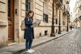 Femme consultant une carte papier devant un immeuble haussmannien près de la Rue Vivienne à Paris