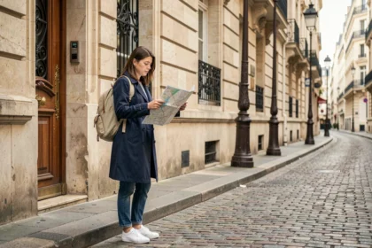 Femme consultant une carte papier devant un immeuble haussmannien près de la Rue Vivienne à Paris