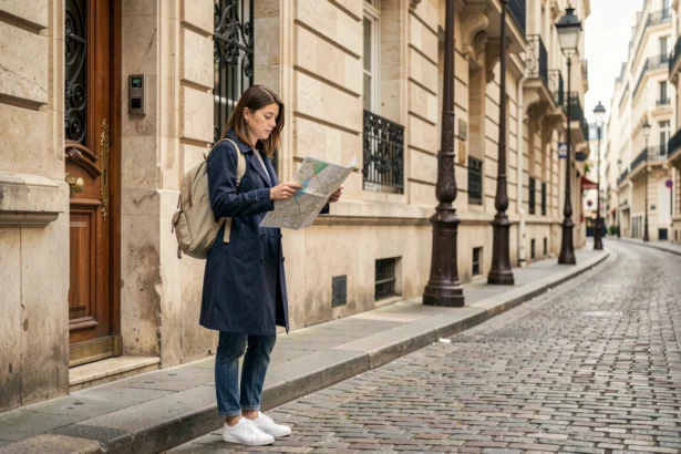 Femme consultant une carte papier devant un immeuble haussmannien près de la Rue Vivienne à Paris