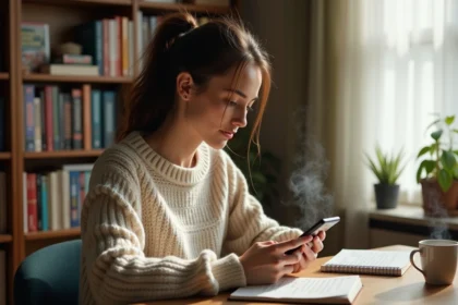Femme jouant au jeu Codycross sur smartphone avec un carnet de solutions et un café sur un bureau en bois