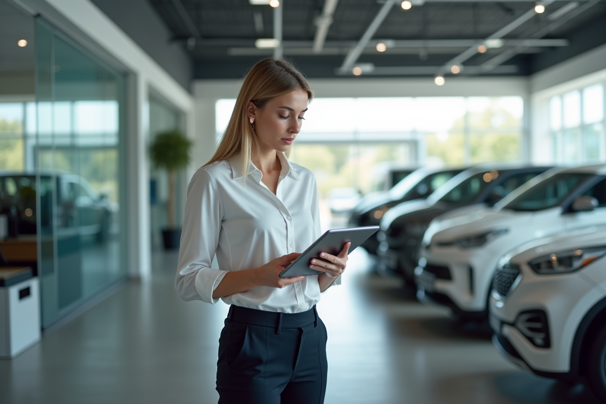 Jeune femme examinant documents financiers dans un showroom