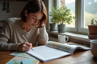 Femme lisant un magazine de croixsudoku en cuisine