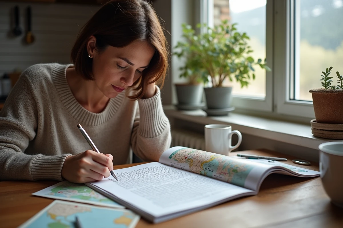Femme lisant un magazine de croixsudoku en cuisine