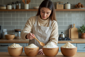 Jeune femme compare des bols de farines naturelles dans la cuisine