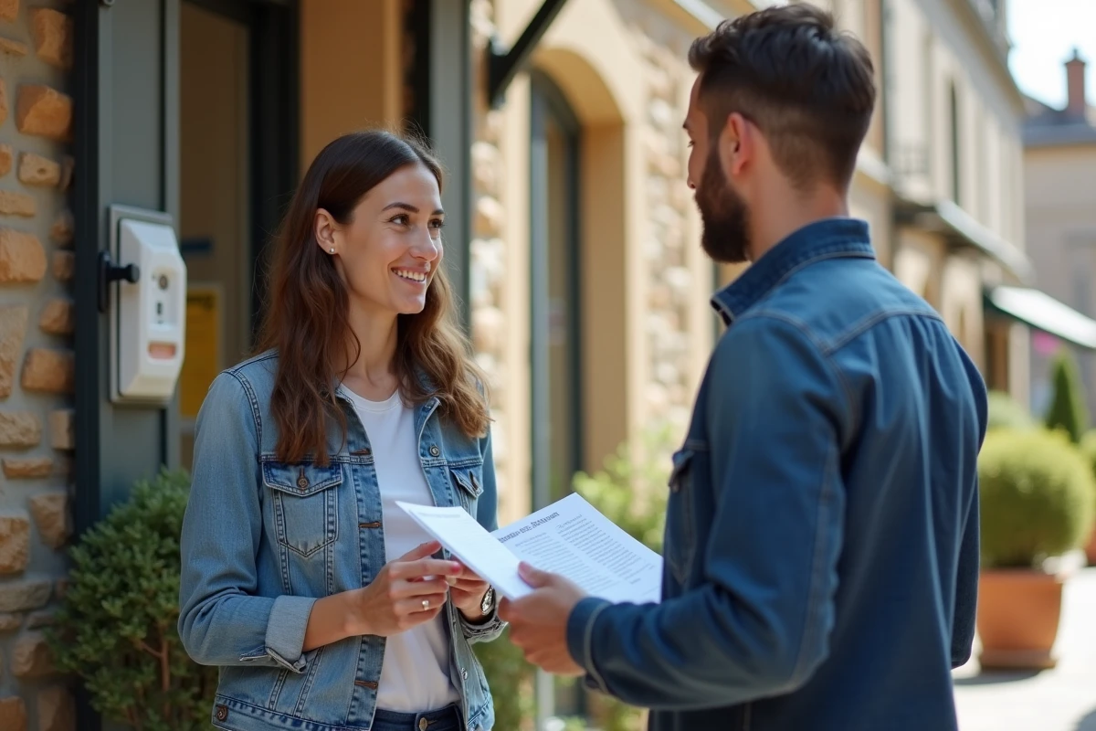 Jeune femme parlant avec un conseiller devant un magasin de pompes