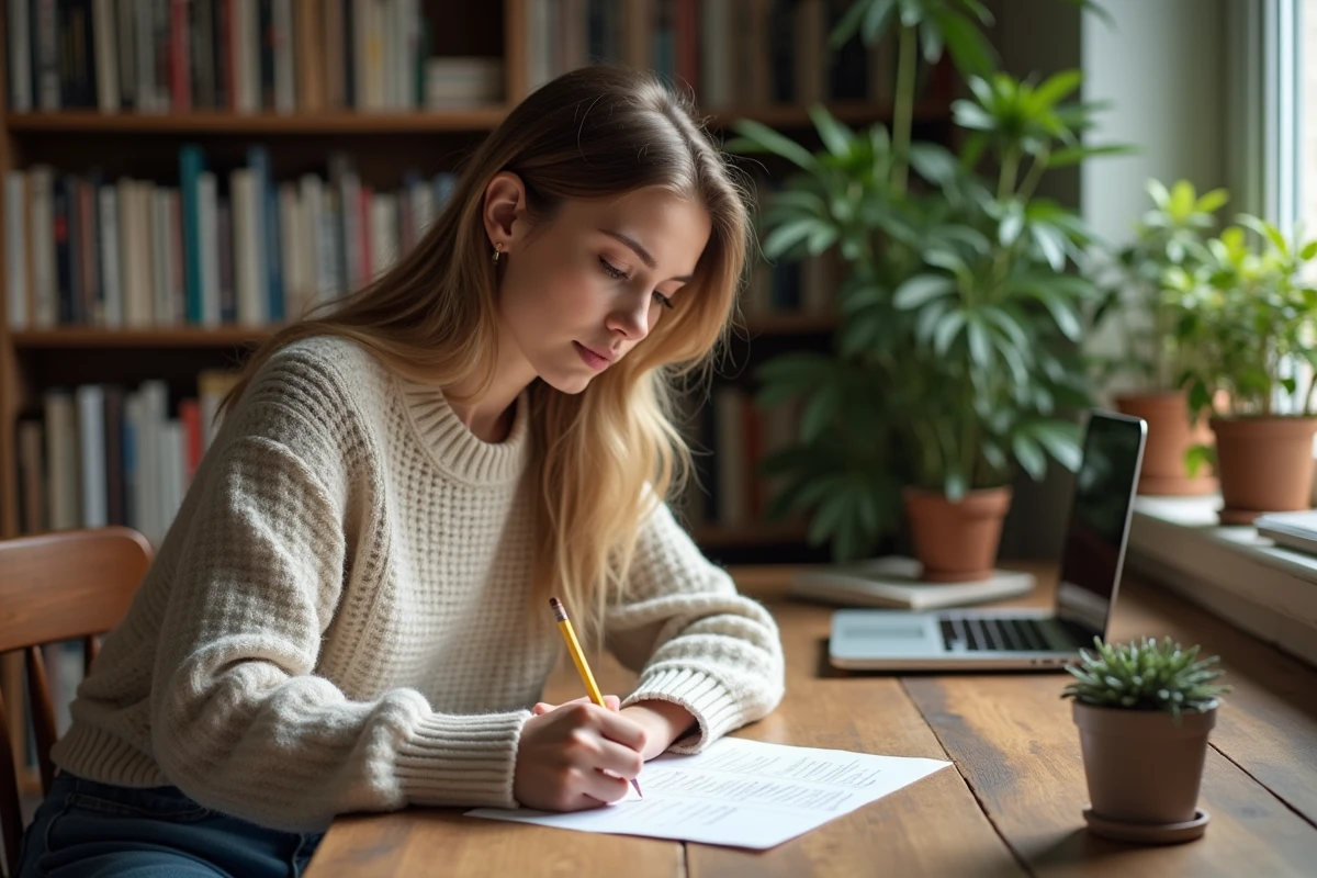 Jeune femme écrivant une lettre dans un bureau lumineux