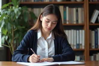 Jeune femme écrivant dans un carnet dans un bureau à domicile
