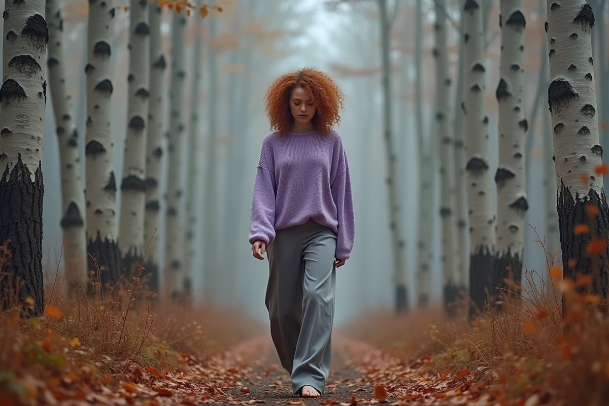 Jeune femme en forêt automnale touchant un bouleau, évoquant la sensibilité intuitive et la signification spirituelle de l'aura violette