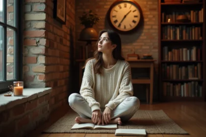 Femme contemplative assise sur un plancher en bois la nuit, regardant une horloge affichant 23h23, entourée de bougies et de journaux intimes dans une atmosphère spirituelle et chaleureuse