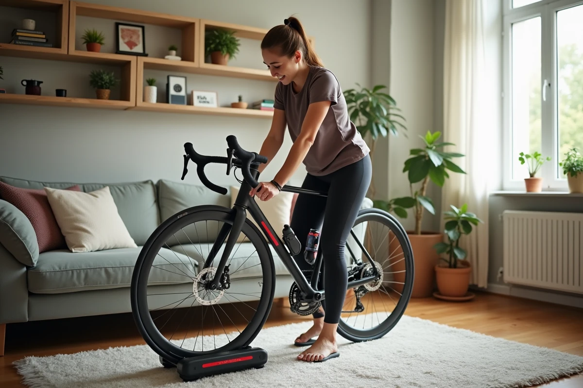 Femme gonflant son vélo dans son salon lumineux