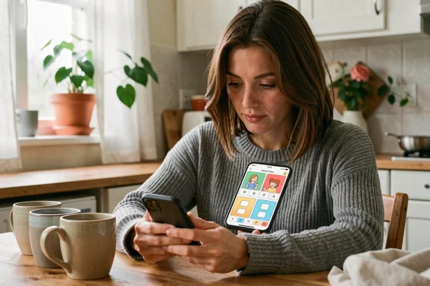 Femme cherchant la solution d'un jeu 4 images 1 mot 5 lettres sur son smartphone dans une cuisine chaleureuse