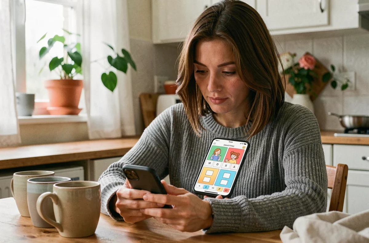 Femme cherchant la solution d'un jeu 4 images 1 mot 5 lettres sur son smartphone dans une cuisine chaleureuse