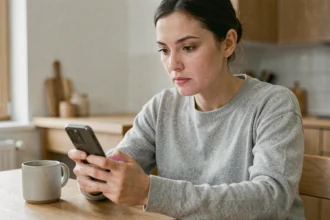 Femme jouant au jeu 4 Images 1 Mot sur smartphone avec concentration