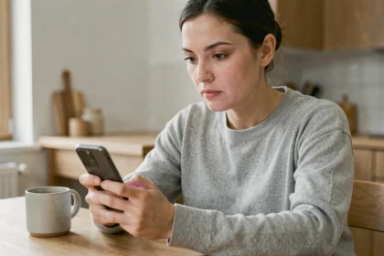 Femme jouant au jeu 4 Images 1 Mot sur smartphone avec concentration