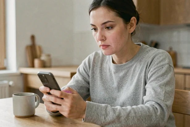 Femme jouant au jeu 4 Images 1 Mot sur smartphone avec concentration