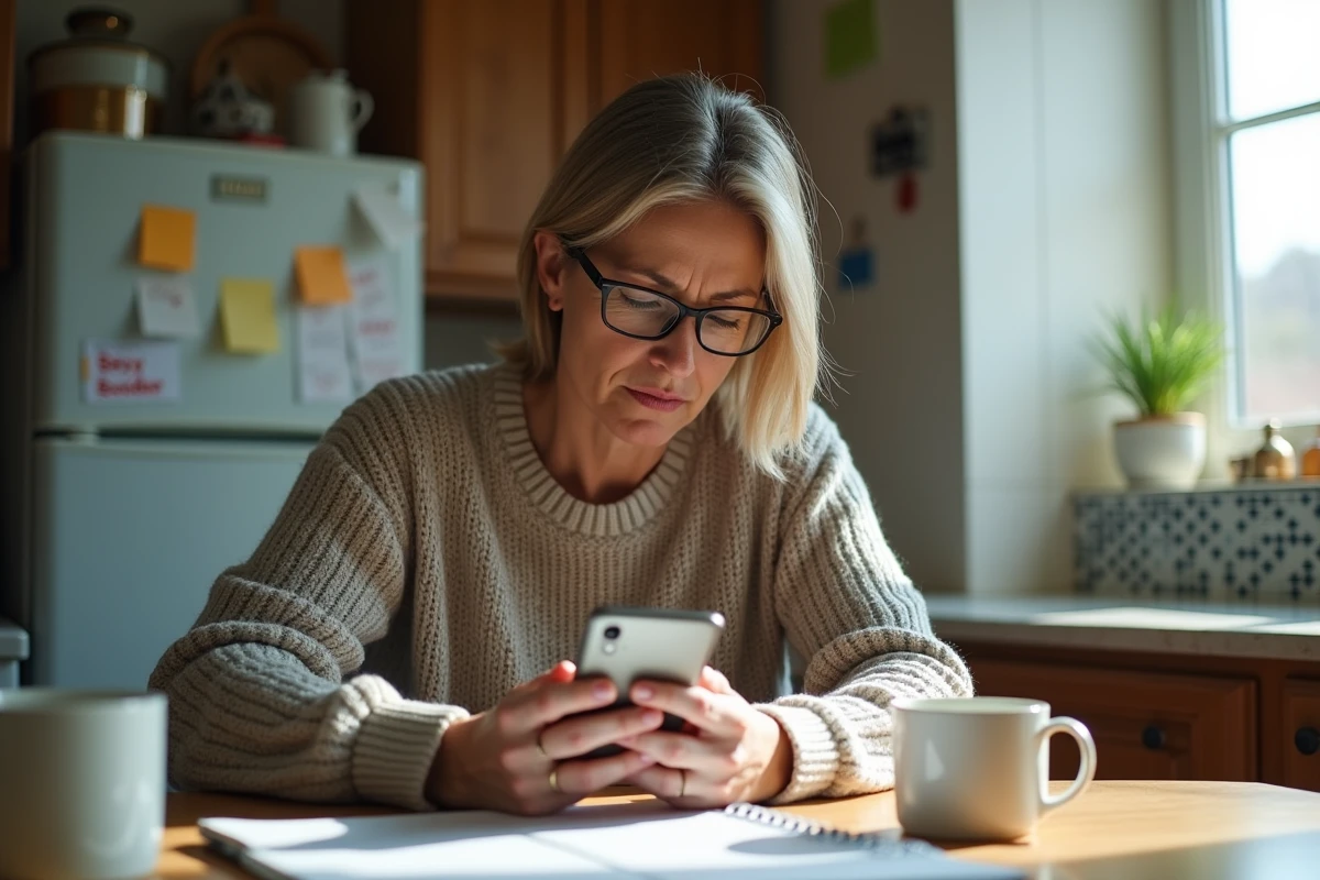 Femme calculant avec son smartphone dans la cuisine