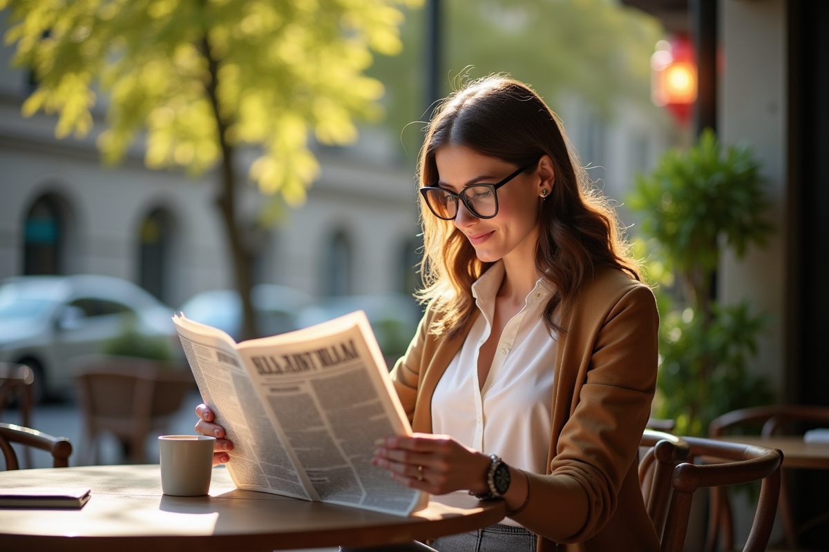 Femme lisant un journal dans un café en ville