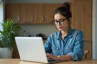 Femme en denim lisant les actualites le matin