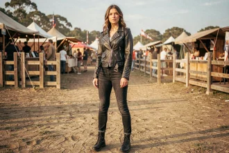 Femme en veste en cuir biker noire avec studs chromés au festival Luynes, style américain authentique