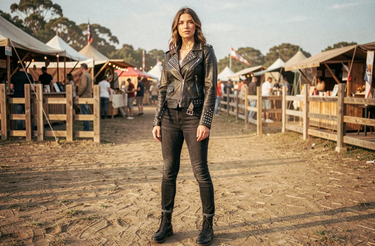 Femme en veste en cuir biker noire avec studs chromés au festival Luynes, style américain authentique