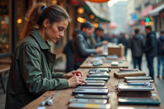 Femme examinant des téléphones d'occasion au marché