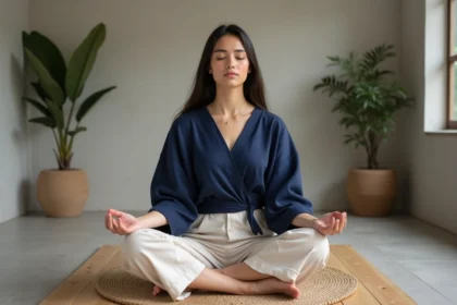 Femme en méditation dans une pièce minimaliste, illustrant les dons intuitifs liés à l'aura violette