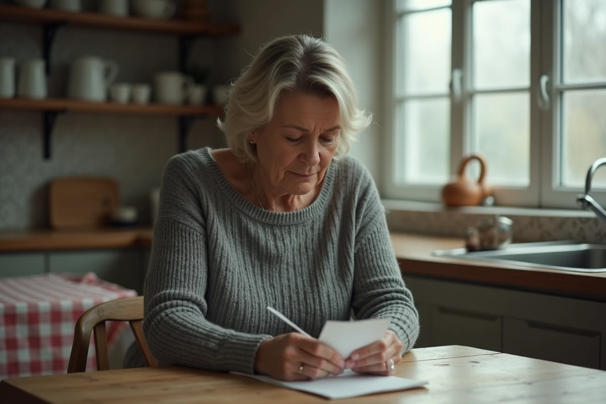 Femme tenant un mot écrit à la main avec une expression accablée, assis à une table de cuisine en bois, illustrant l'impact émotionnel des mots blessants