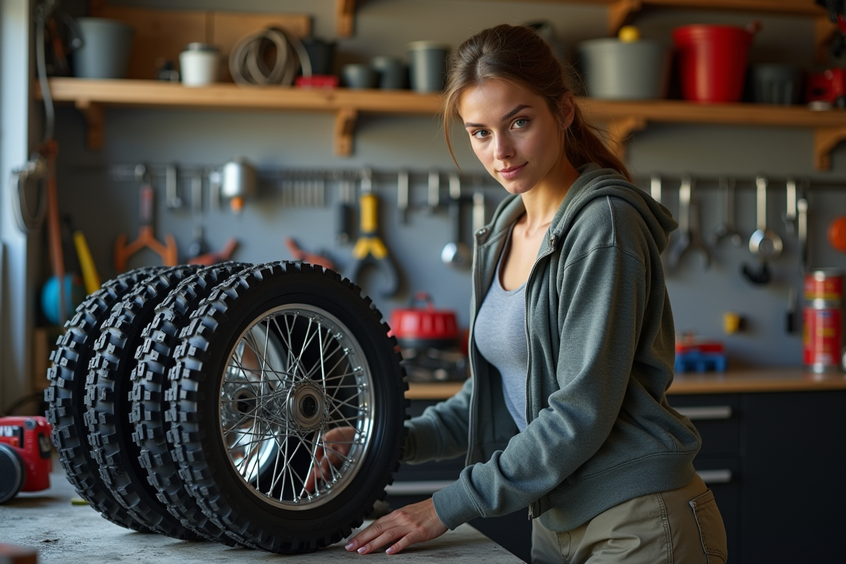 Femme nettoyant des roues de moto dans un atelier organisé