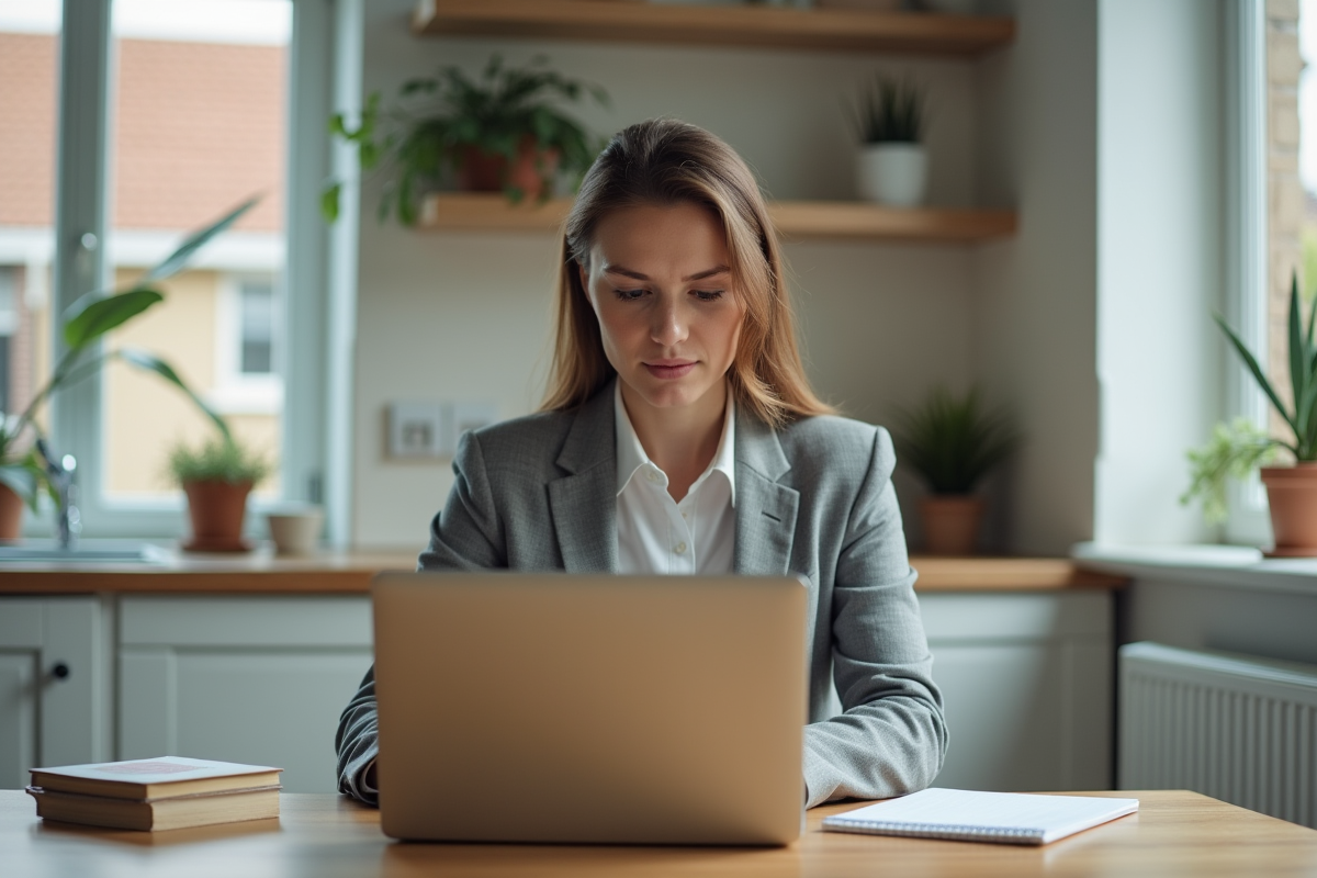 Femme professionnelle consulte avis immobilier sur son ordinateur