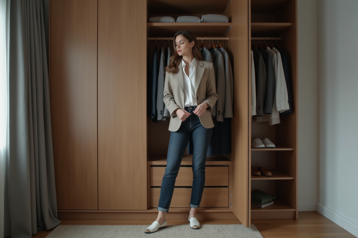 Femme en tenue chic devant un vestiaire organisé