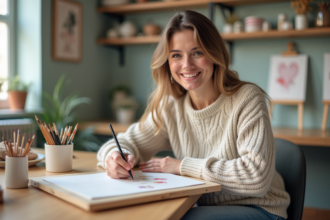 Femme souriante peignant un tableau par numéros dans un intérieur cosy