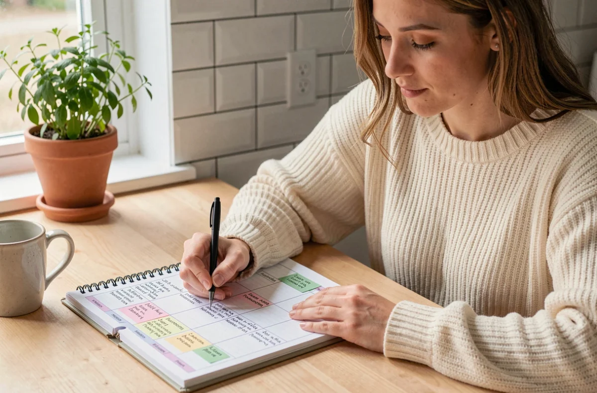 Femme écrivant dans un planning mensuel imprimé posé sur une table de cuisine en bois clair