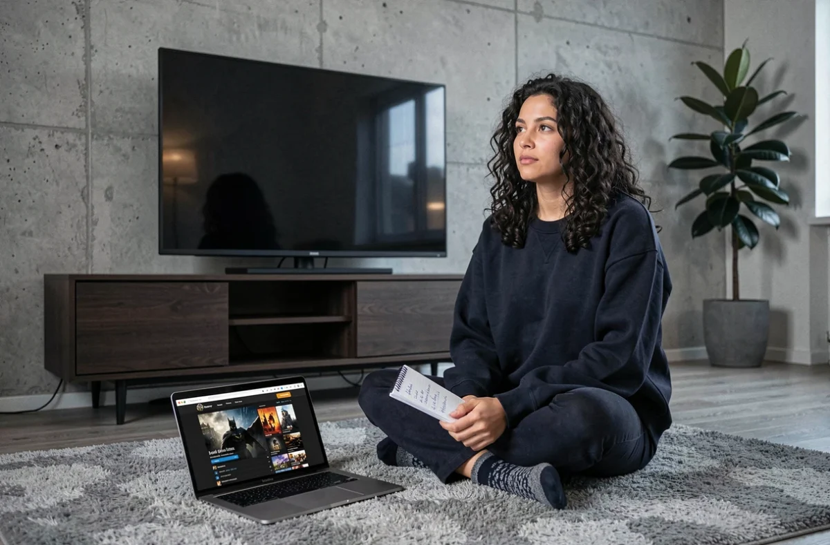 Jeune femme préparant son ordre de visionnage des films Batman avec une liste manuscrite et un site web sur ordinateur