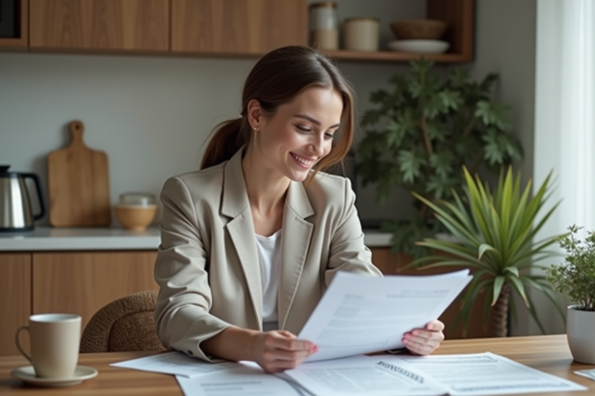 Jeune femme examine des documents de mortgage à la maison